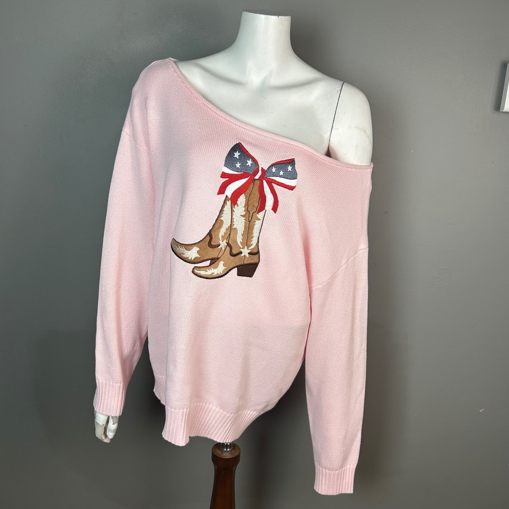 Americana Western Sweater Arden B Womens L Pink‎ Cowboy Boots Off Shoulder NWT
